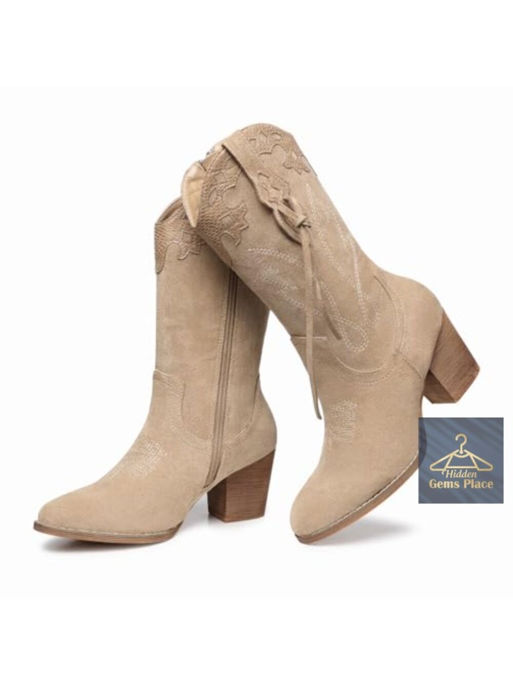 Cowgirl Boots Women Mid Calf Suede Western Boots Round Toe Block Heel
